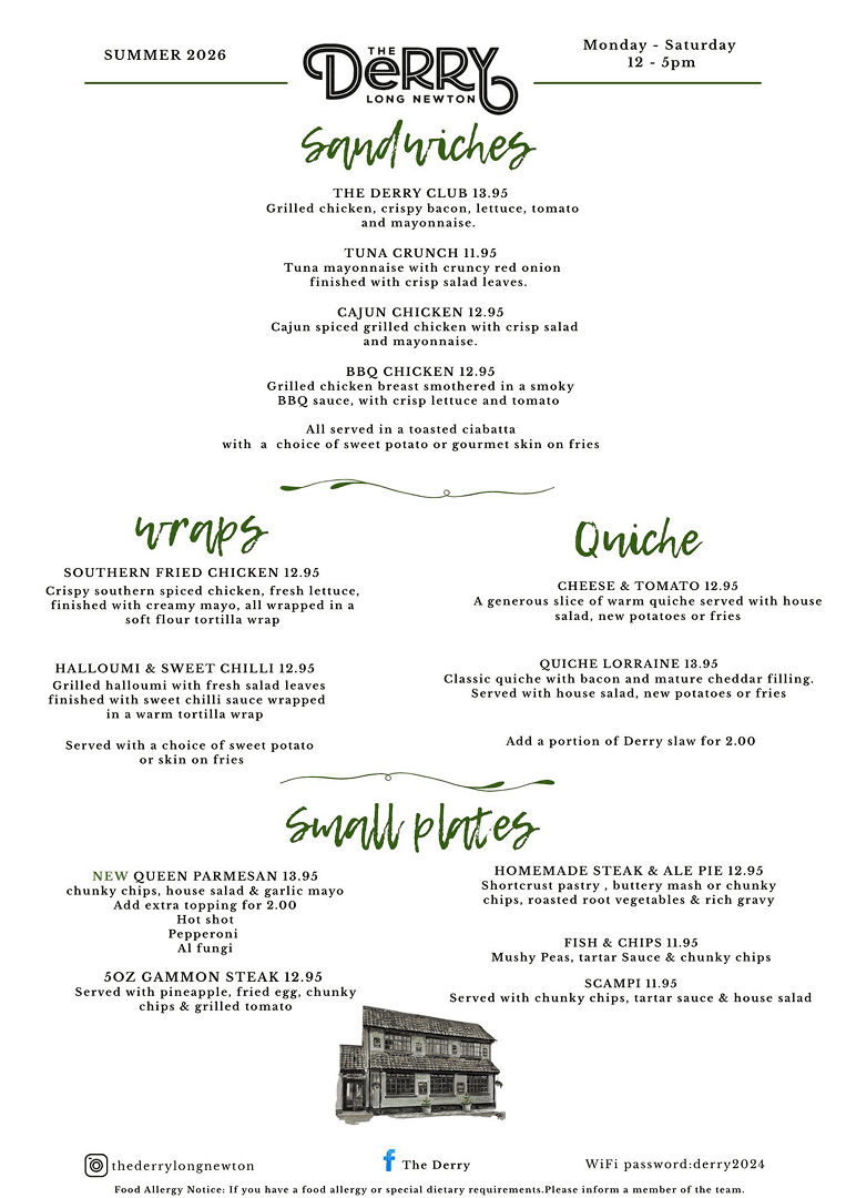 The Derry restaurant menu page, Summer 2026
