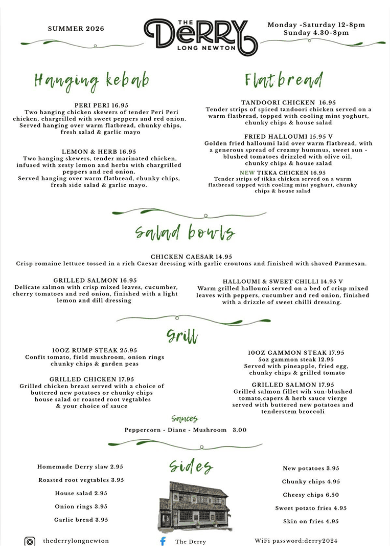 The Derry Long Newton summer 2026 menu