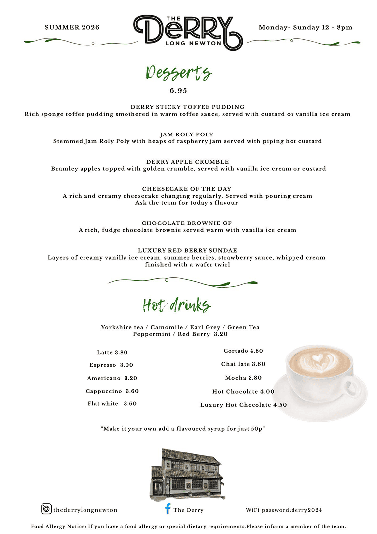 The Derry Long Newton desserts menu