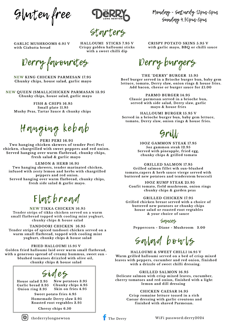 Gluten-free menu page showing starters and burgers
