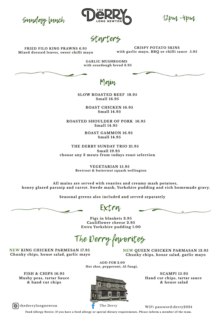 The Derry restaurant Sunday lunch menu
