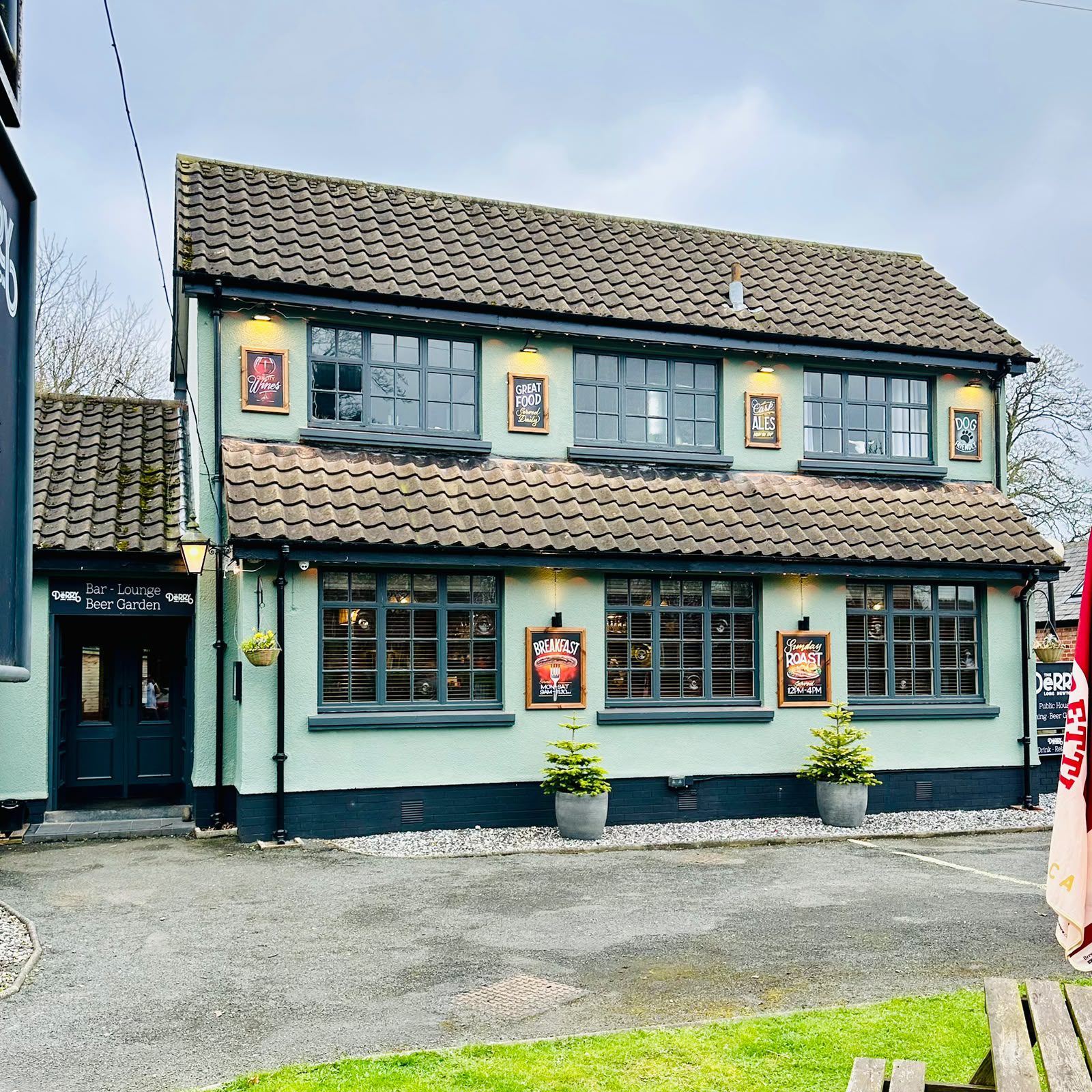 Traditional two-story English pub exterior