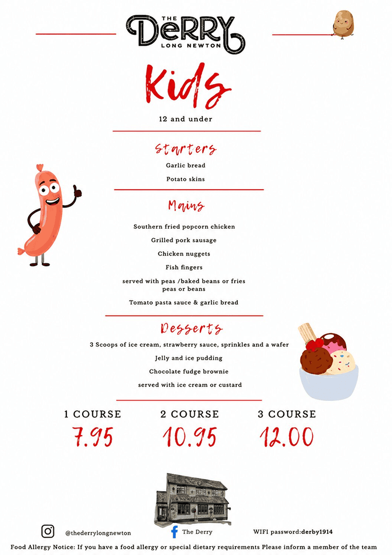 Kids menu with sausage and ice cream illustration